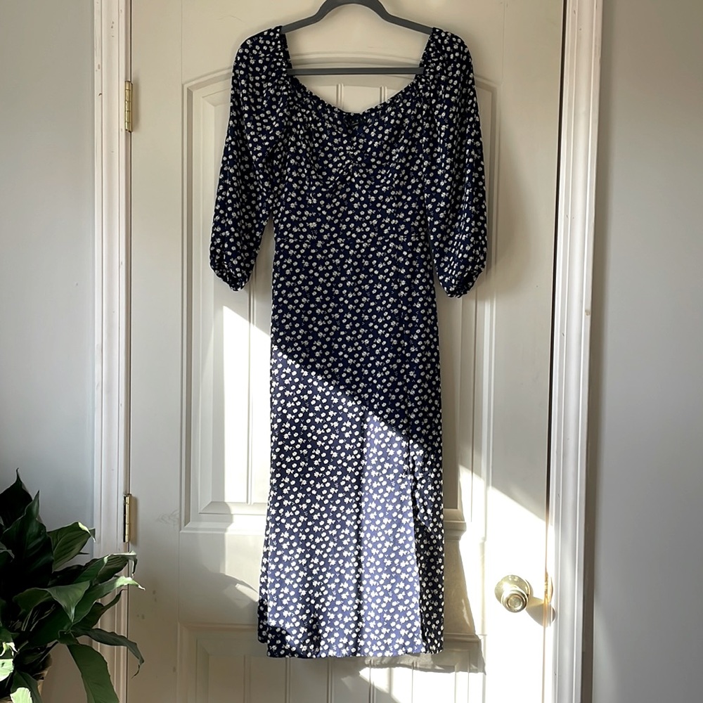 Blue and White Floral Midi Dress